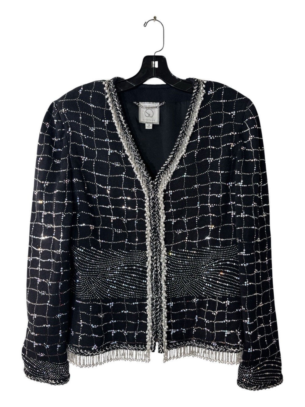 St. John Couture Black Embellished Open-Front Jacket Beaded Fringe Trim Size 14